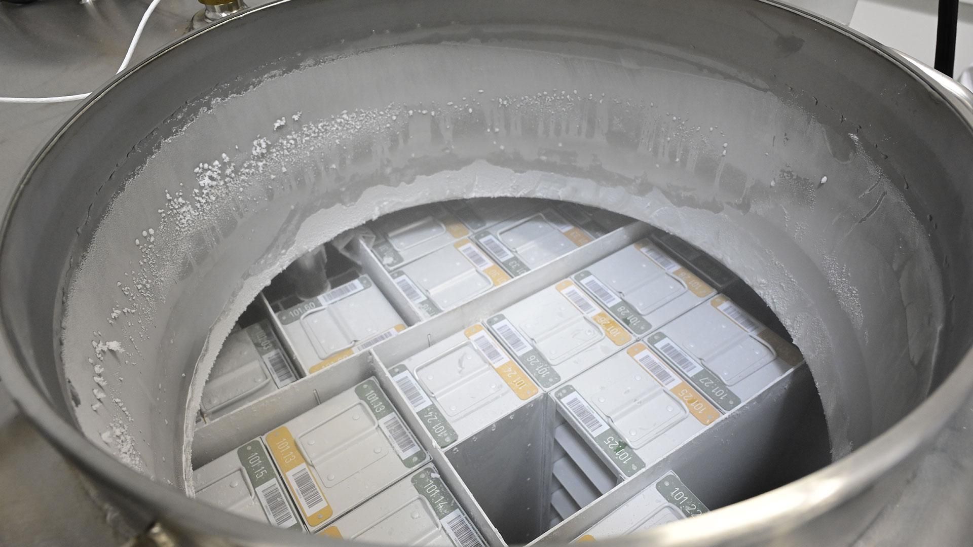Vue sur les lots cliniques rangés à l’intérieur d’une cuve de stockage grand froid du Cryo Park, sur le site de Sanofi Montpellier.