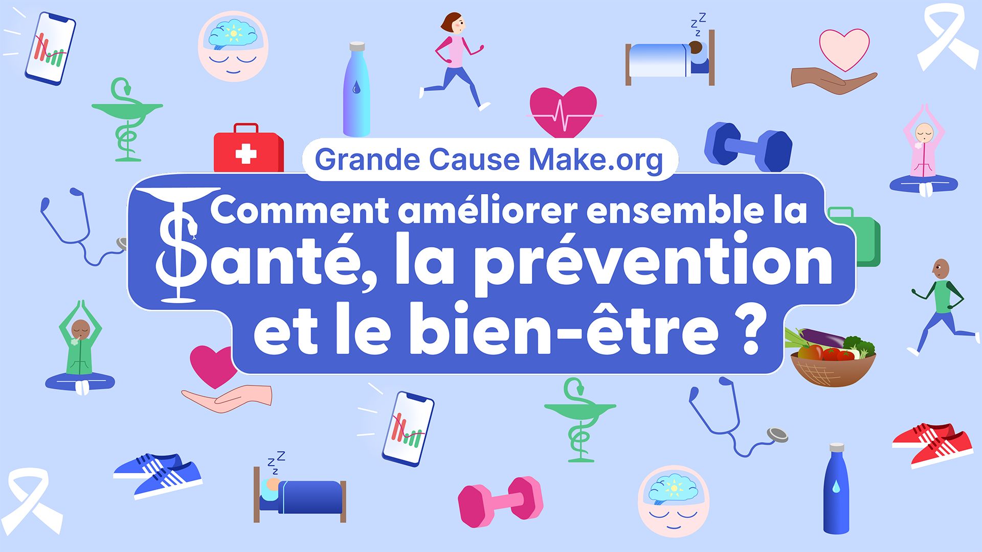 Une image de fond bleu clair, agrémentée de pictogrammes évocateurs de l'univers de la santé, avec en premier plan le texte de la question posée par la consultation citoyenne.